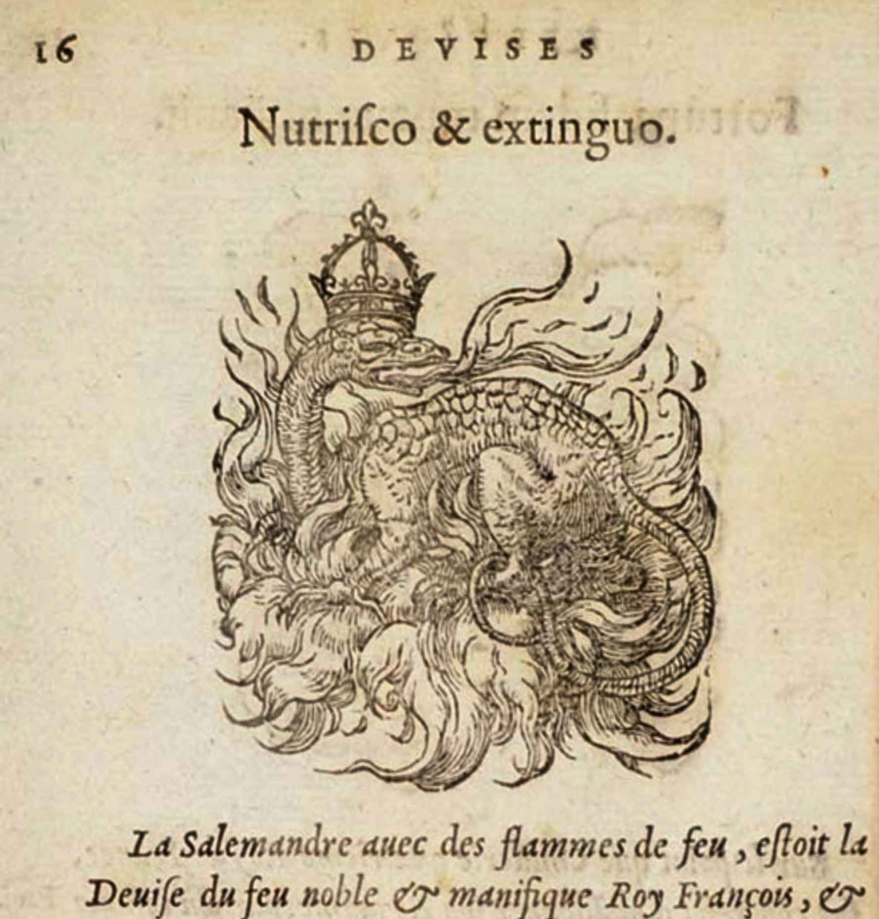 Nutrisco & extinguo. La Salemandre avec des flammes de feu. Paradin, Devises heroïques (1557)
