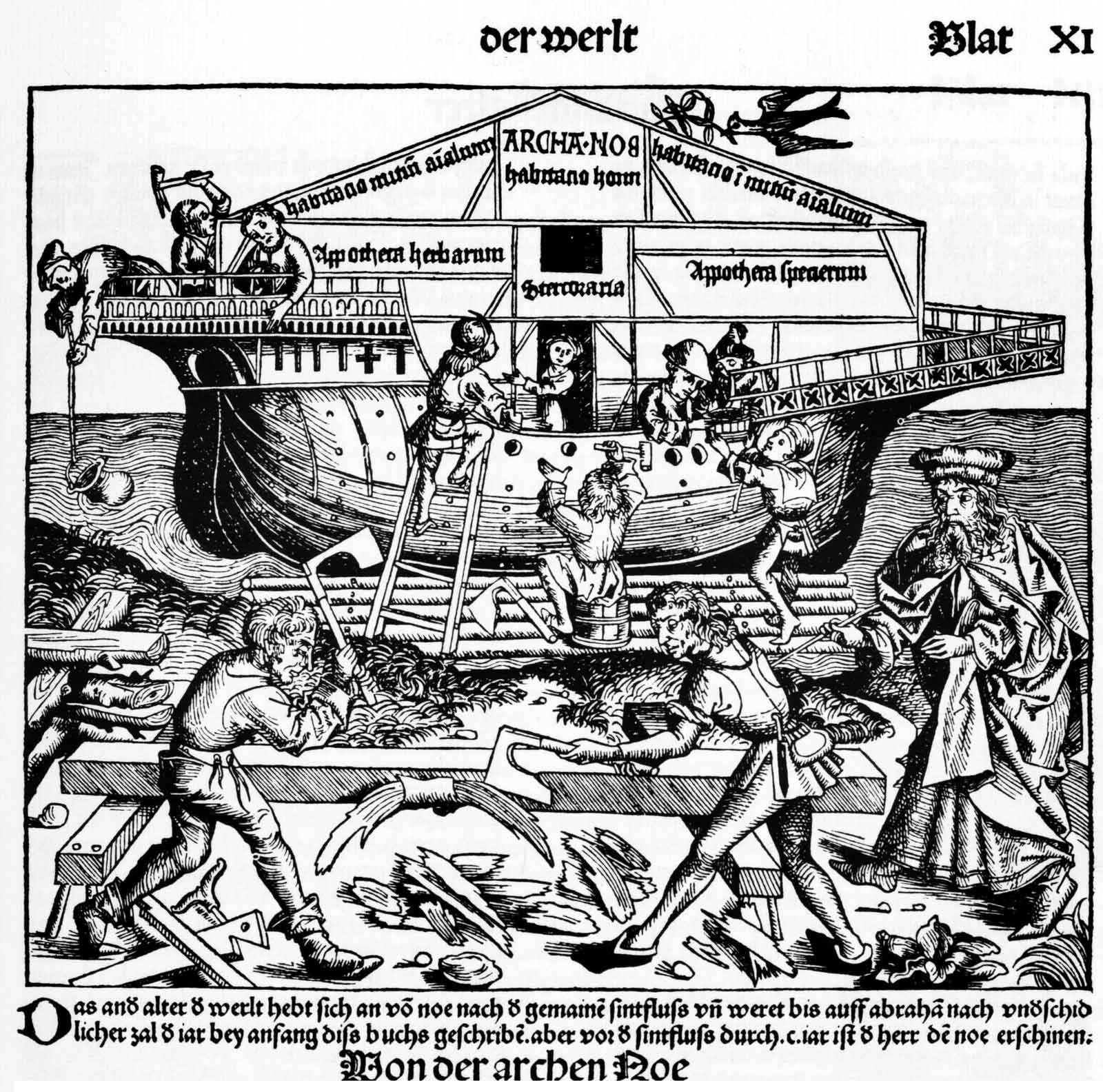 Building Noah’s ark. Schedel, Die Schedelsche Weltchronik (Schedel's World History or Nuremberg Chronicle) (1493)