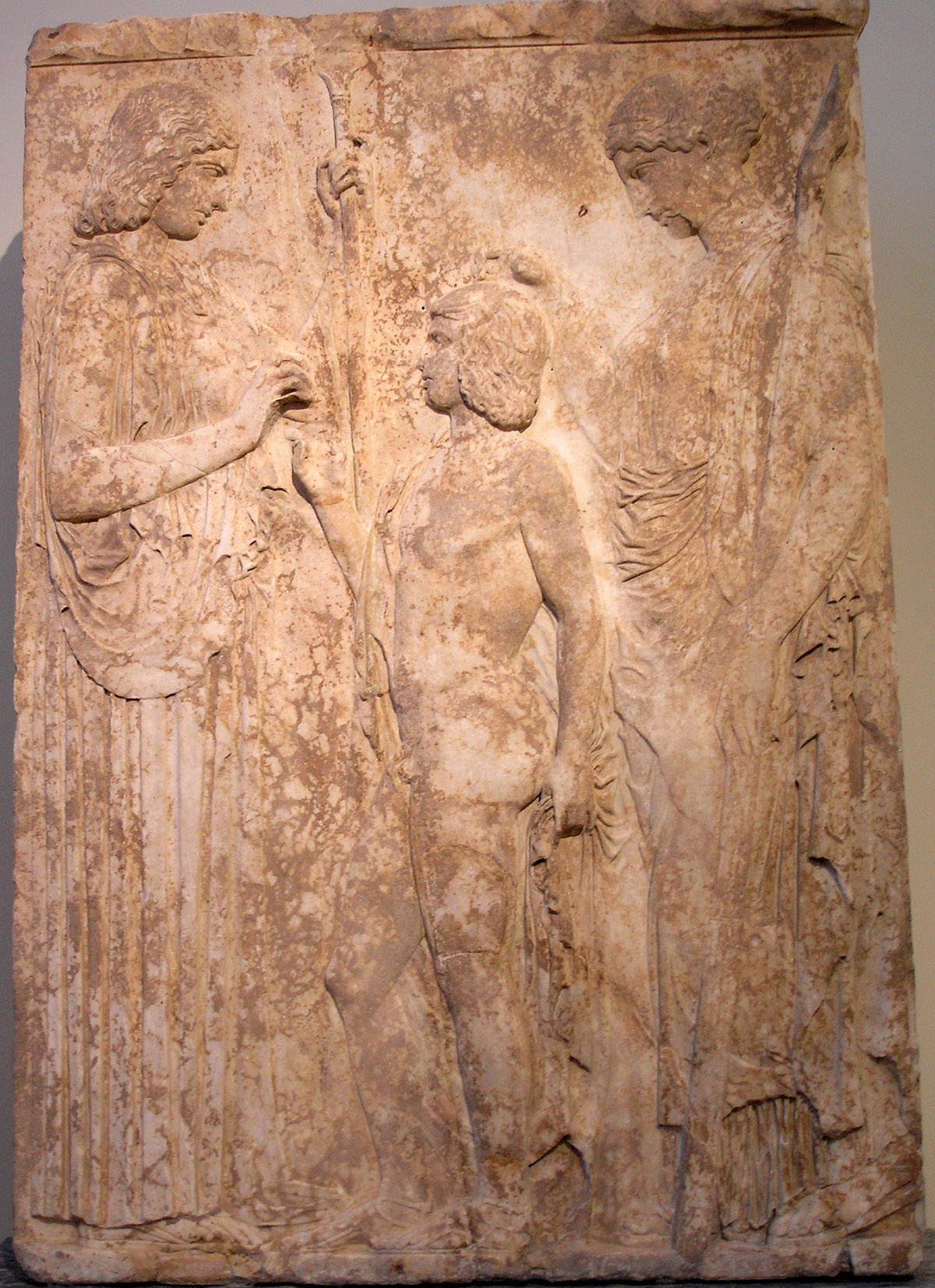 Demeter presents Triptolemus with sheafs of wheat, while Persephone lays her hand in blessing