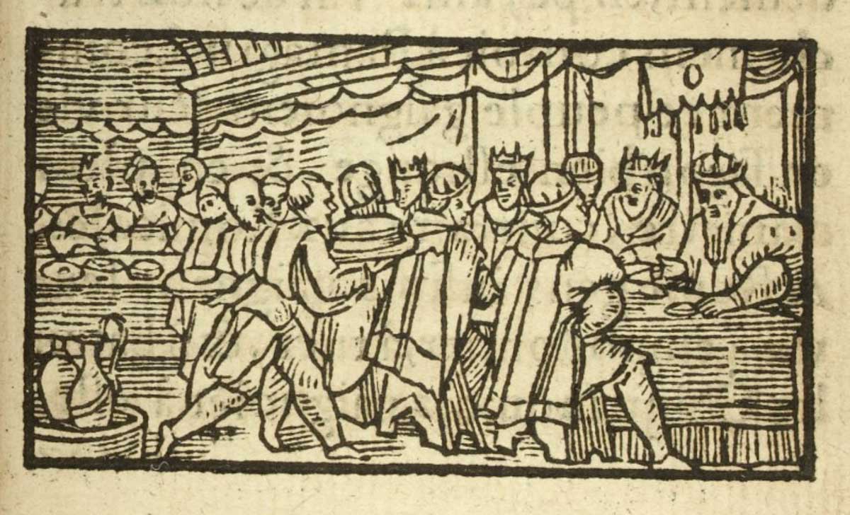 Illustration of royal household at table. Rabelais, Le Quart Livre des Faictz & dictz Heroiques du noble Pantagruel (1548)